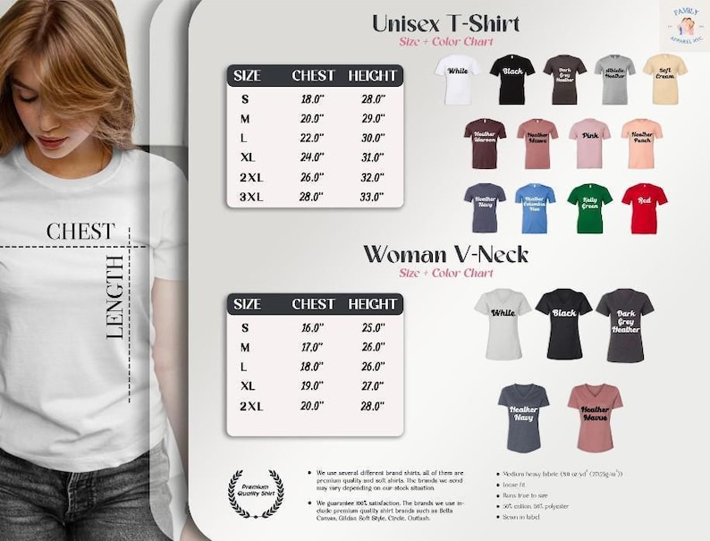 The image is a collage of various t-shirt designs and sizes, including a woman's chest and neck sizes, as well as color charts and a chart for the "Unisex T-Shirt".