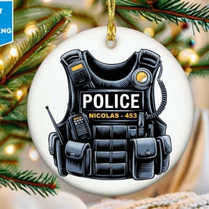 Personalized American Police Or Sheriff With Name And Number Christmas Ornament, Police Outfit Ornament Christmas Gifts