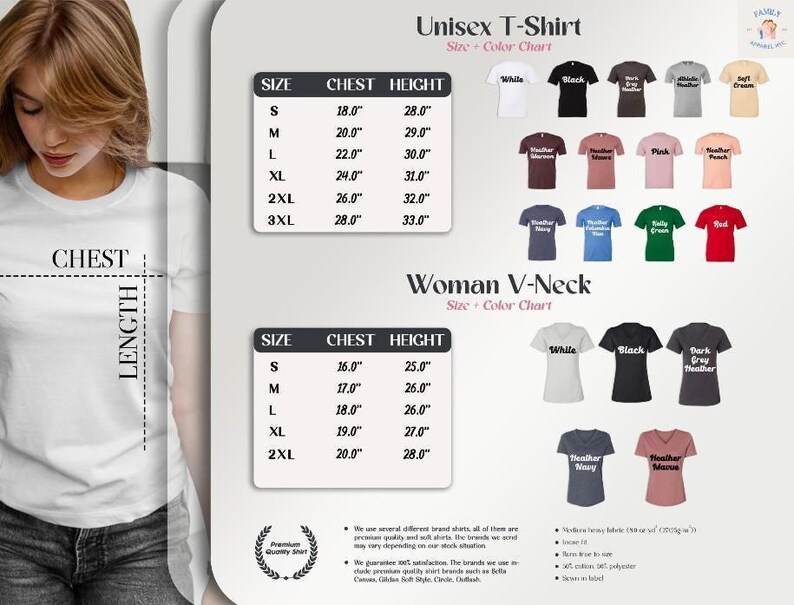 The image is a collage of various t-shirt designs and sizes, including a woman's chest and neck sizes, as well as color charts and a chart for the "Unisex T-Shirt".