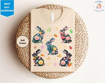 Chemise lapin bohème, chemises de Pâques assorties, t-shirt lapin de ferme floral rétro, cottagecore, cadeau pour amoureux du lapin