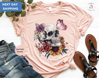 Floral Skull Shirt, Flower Skull Skeleton Shirt, Halloween Skull Tee, Skull T-Shirt, Floral Skull T-Shirt, Flower Shirt