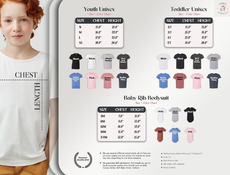 The image is a collage of various images, including a young girl with red hair, a white shirt, and a selection of t-shirts and a baby ribbed body suit. The collage contains multiple images of different sizes and styles of clothing and accessories, including t-shirts, a baby ribbed body suit, and a young girl with red hair. The image does not contain any text that can be described in fewer than 500 characters.