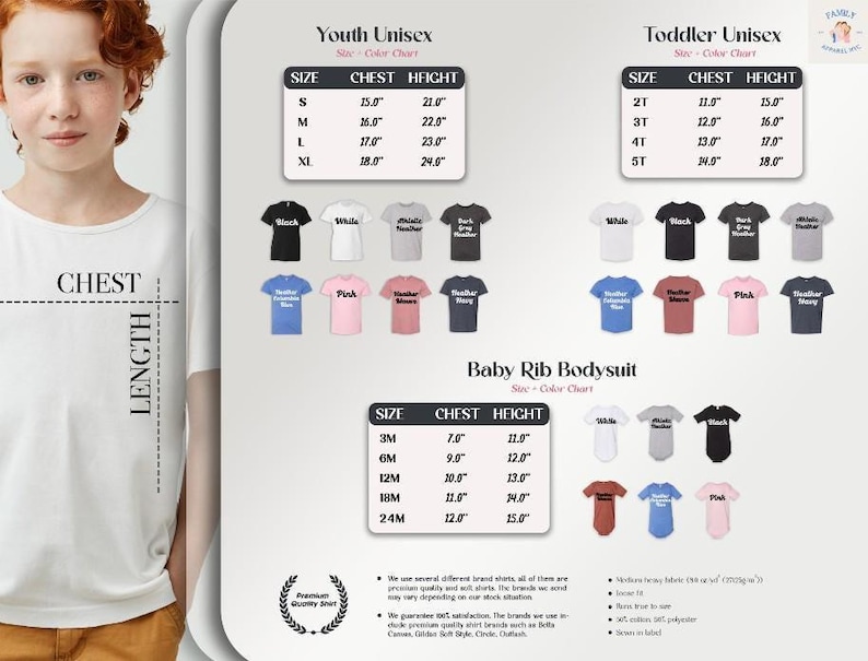The image is a collage of various images, including a young girl with red hair, a white shirt, and a selection of t-shirts and a baby ribbed body suit. The collage contains multiple images of different sizes and styles of clothing and accessories, including t-shirts, a baby ribbed body suit, and a young girl with red hair. The image does not contain any text that can be described in fewer than 500 characters.