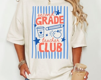 Comfort Colors® Second Grade Teacher Club Shirt, Trendy 2nd Grade T-Shirt, Striped Grade Level Tee