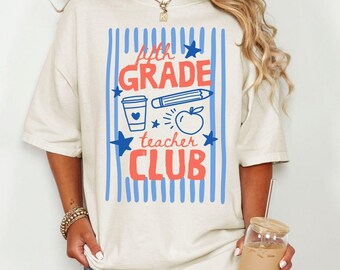 Comfort Colors® Fifth Grade Teacher Club Shirt, Trendy 5th Grade T-Shirt, Striped Grade Level Tee