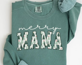 Merry Mama Comfort Colors® Sweatshirt, New Mom Christmas Sweater, Xmas Pregnancy Reveal, Very Merry Mother Crewneck, Winter Gift for Mom