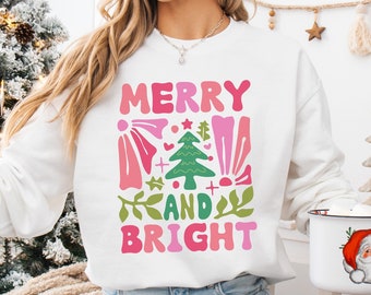 Boho Merry and Bright Sweatshirt, Floral Christmas Sweater, Pink Xmas Crewneck, Retro Christmas Shirt, Holiday Graphic Sweatshirt for Women