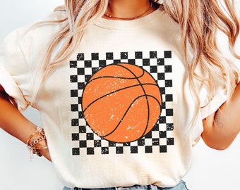 Retro Checkered Basketball Shirt, Comfort Colors® Basketball Mom T-Shirt, Game Day Tee for Her, Distressed Basketball, Basketball Lover Gift