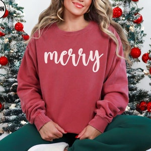 Script Merry Comfort Colors® Sweatshirt, Merry Christmas Sweater, Minimalist Holiday Crewneck, Women&#39;s Merry and Bright Shirt,  Xmas Apparel