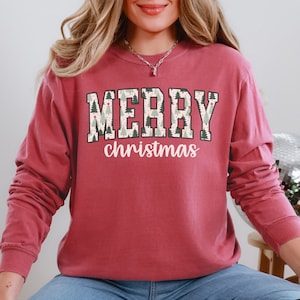 Merry Christmas Comfort Colors® Long Sleeve Shirt, Trendy Holiday Xmas T-Shirt, Cute Christmas Tree Tee for Women, Christmas Gift for Her