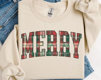 Plaid "Merry" Christmas Sweatshirt, Red and Green Tartan Holiday Sweater, Matching Family Crewneck
