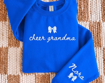 Custom Cheer Grandma Sweatshirt, Personalized Cheerleader Name Crewneck, Comp Day Grandparent Sweater