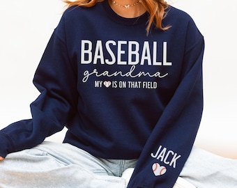 CUSTOM Baseball Grandma Sweatshirt, Game Day Grandmother Sweater, Personalized Name on Sleeve Crewneck