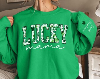 CUSTOM Lucky Mama Sweatshirt, St. Patrick's Day Mom Sweater, Personalized Names on Sleeve, Irish Shamrock Crewneck, Pregnancy Reveal Shirt