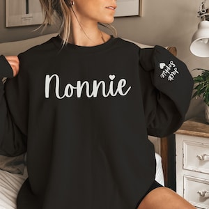 CUSTOM Nonnie Sweatshirt with Kids Names on Sleeve, Nonnie Sweater, Nonnie Gift from Grandkids, New Grandma Gift, Pregnancy Reveal Shirt