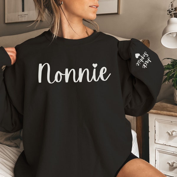CUSTOM Nonnie Sweatshirt with Kids Names on Sleeve, Nonnie Sweater, Nonnie Gift from Grandkids, New Grandma Gift, Pregnancy Reveal Shirt