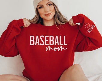 CUSTOM Baseball Mom Sweatshirt with Kids Name on Sleeve, Personalized Baseball Mama Gift, Proud Senior Mom Crewneck, Cute Team Mom Gift