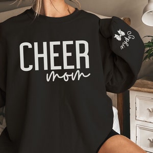 CUSTOM Cheer Mom Sweatshirt with Kids Name on Sleeve, Personalized Cheer Mama Gift, Proud Senior Cheer Mom Crewneck, Cute Cheerleading Shirt