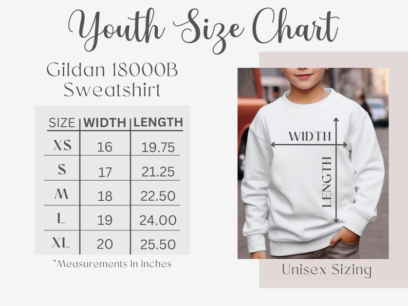 Op de afbeelding: Maattabel voor Gildan 18000B sweatshirts voor jongeren. De tabel toont maten XS tot en met XL met de bijbehorende breedte- en lengtematen in inches.