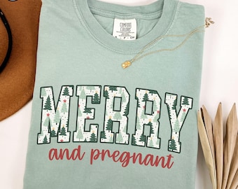 Merry and Pregnant Comfort Colors® Shirt, Holiday Pregnancy Announcement T-Shirt, Christmas Baby Reveal Tee, Funny Expecting Mom Xmas Gift