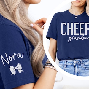 CUSTOM Cheer Grandma Shirt with Name on Sleeve, Personalized Cheer Grandmother T-Shirt, Competition Day Apparel, Cheerleading Grandma Tee
