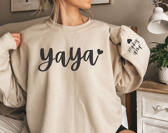 CUSTOM Yaya Sweatshirt with Kids Names on Sleeve, Personalized Yaya Sweater, Grandma Gift from Grandkids, Cute New Grandparent Crewneck