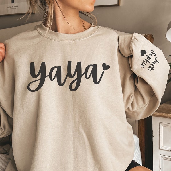 CUSTOM Yaya Sweatshirt with Kids Names on Sleeve, Personalized Yaya Sweater, Grandma Gift from Grandkids, Cute New Grandparent Crewneck