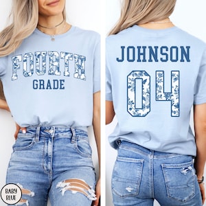 CUSTOM Fourth Grade Team Shirt, Blue Toile de Jouy 4th Grade Teacher Shirt, Back to School Grade Level TShirt, Personalized Floral Teach Tee