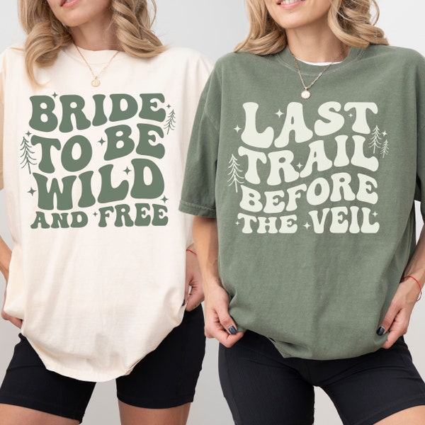 Retro Last Trail Before the Veil Shirt, Bride and Bach Camp Bachelorette T-Shirt, Wedding Party Camping Bach Tee, Hiking Bride To Be TShirts