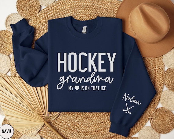 CUSTOM Hockey Grandma Sweatshirt, Name on Sleeve, Ice Hockey Grandmother Sweater, Personalized Hockey Gift, Game Day Grandparent Crewneck