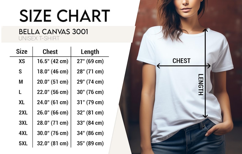 Op de afbeelding: Wit unisex T-shirt met een maattabel. De tabel toont borst- en lengtematen in centimeters voor de maten XS tot 5XL. De tekst op de tabel luidt "BELLA CANVAS 3001 UNISEX T-SHIRT".