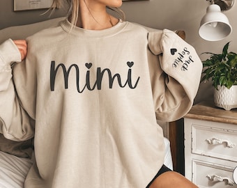 CUSTOM Mimi Sweatshirt with Kids Names on Sleeve, Mimi Sweater, Mimi Gift from Grandkids, Grandma Shirt, New Grandma Gift, Pregnancy Reveal
