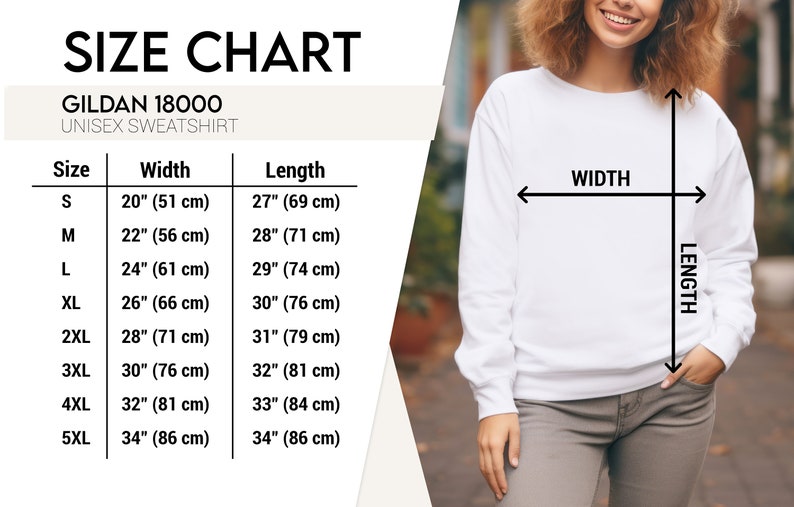 May include: Size chart for a Gildan 18000 unisex sweatshirt. The chart shows the width and length measurements in inches and centimeters for sizes S through 5XL.