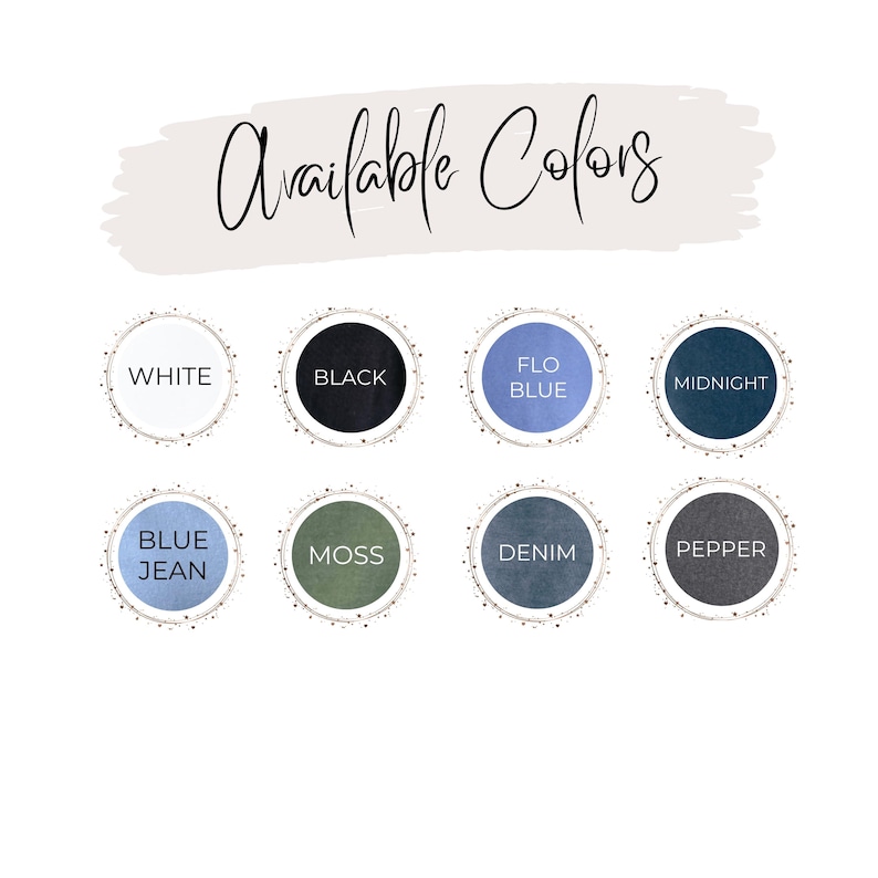 Op de afbeelding: Beschikbare kleuren: Wit, Zwart, Flo Blauw, Middernacht, Blauw Jeans, Mos, Denim, Peper. Een kaart met acht kleurstalen.