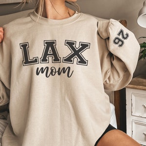 CUSTOM LAX Mom Sweatshirt with Number on Sleeve, Proud Lacrosse Mama Sweater, Personalized Lacrosse Gift, Game Day Crewneck, Team Mom Gift