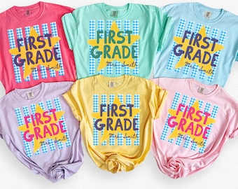 Custom Comfort Colors® First Grade Shirt, Gingham 1st Grade Teacher T-Shirt, Back to School Team Tee
