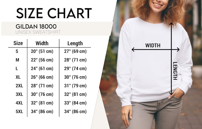 Op de afbeelding: Maattabel voor een Gildan 18000 unisex sweatshirt. De tabel toont de breedte- en lengtemaat in inches en centimeters voor maten S tot en met 5XL.