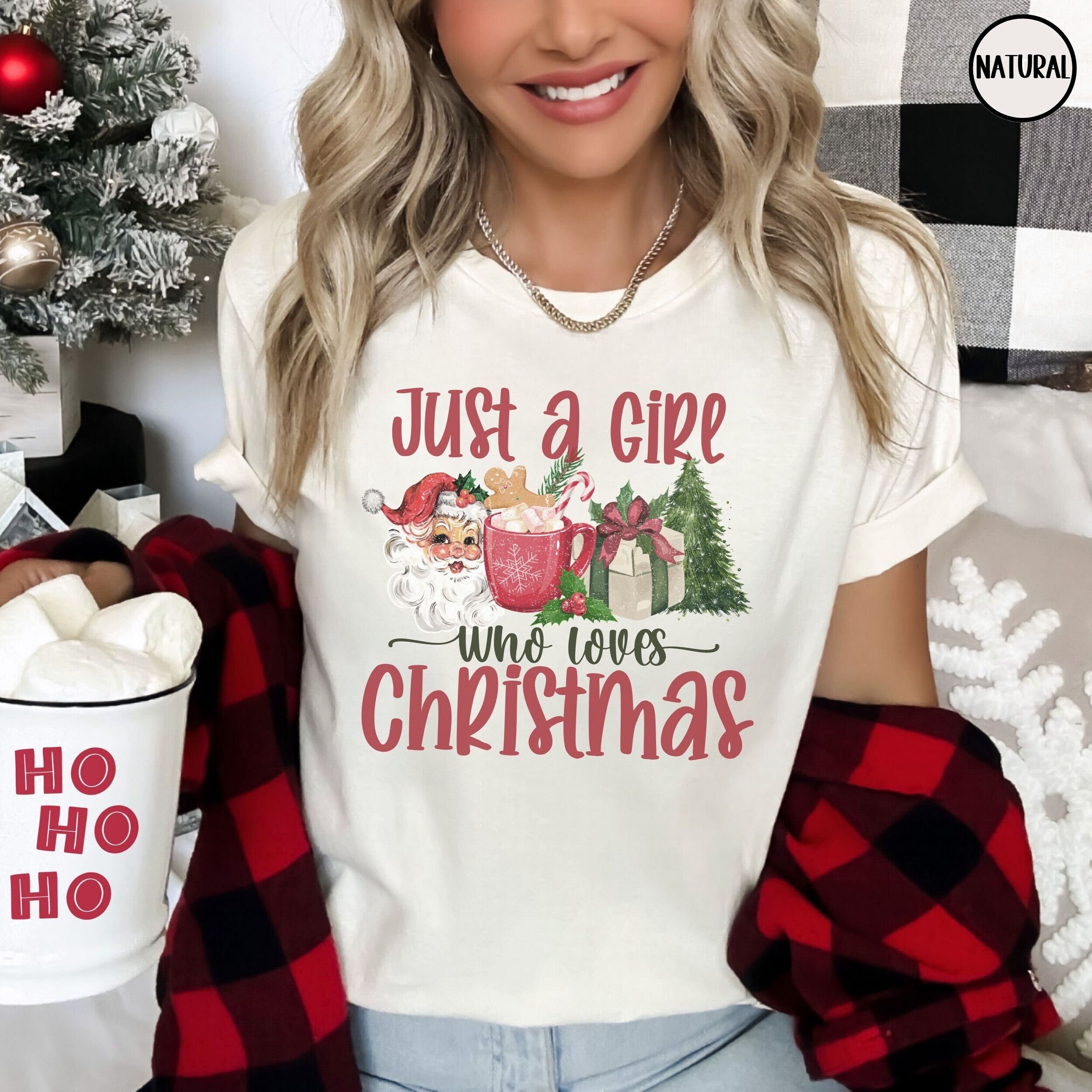 Just A Girl Who Loves Christmas Shirt, Funny Xmas Party T-Shirt, Holiday Gift for Best Friend, Pink Christmas Tee, Retro Christmas Crewneck