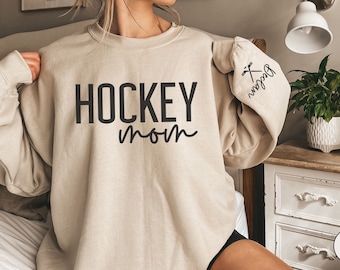 CUSTOM Hockey Mom Sweatshirt with Name on Sleeve, Ice Hockey Mama Sweater, Personalized Hockey Gift, Game Day Crewneck, Goalie Mom Hoodie
