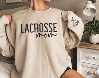 CUSTOM Lacrosse Mom Sweatshirt with Kid Name on Sleeve, Proud LAX Mama Sweater, Personalized Lacrosse Gift, Game Day Crewneck, Team Mom Gift