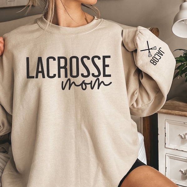 CUSTOM Lacrosse Mom Sweatshirt with Kid Name on Sleeve, Proud LAX Mama Sweater, Personalized Lacrosse Gift, Game Day Crewneck, Team Mom Gift