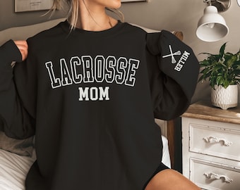 CUSTOM Lacrosse Mom Sweatshirt with Kid Name on Sleeve, Proud LAX Mama Sweater, Personalized Lacrosse Gift, Game Day Crewneck, Team Mom Gift