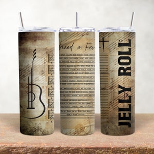 May include: A stainless steel tumbler with a vintage-inspired design featuring musical notes and a guitar. The tumbler has a black and white text overlay that reads "Jelly Roll" and "I need a favor".