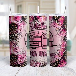 Digital PNG 20 OZ skinny tumbler wrap Bitches with Hitches pink leopard female campers