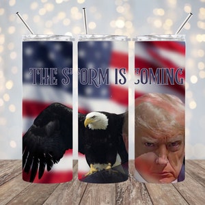 Digital PNG 20 OZ skinny tumbler wrap Trump 2024 American Flag trump mug shot a storm is coming