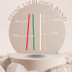 May include: A graphic showing four different types of ribbon: red, green, white, and jute. The graphic is labeled "Deine Lieblings Band" which translates to "Your Favorite Ribbon" in English. The ribbon colors are labeled in German: "Rot" (red), "Gr&uuml;n" (green), "Weiss" (white), and "Juteband" (jute ribbon).