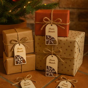 Op de afbeelding: Verschillende ingepakte kerstcadeaus in bruin- en oranjetinten zijn gerangschikt bij een kleine kerstboom. Elk pakket is vastgebonden met touw en een label met "Buon Natale" en een sneeuwvlokontwerp.