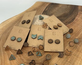 Orecchini a bottone, legno, taglio laser, fatti a mano, gioielli in legno, geometrici, argento 925, gioielli di moda