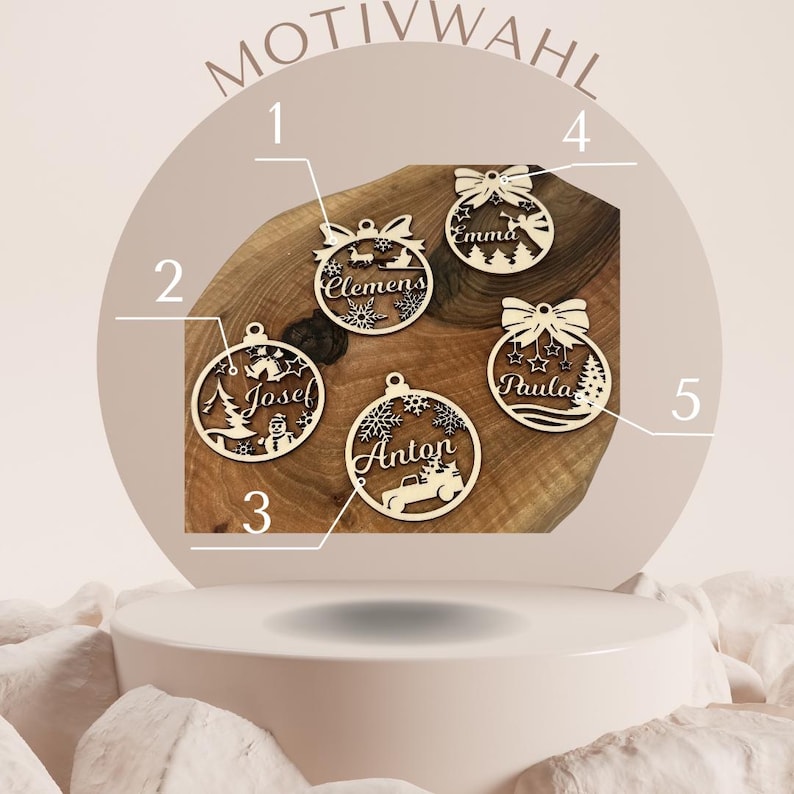 May include: Five wooden Christmas ornaments with different designs and names, including "Clemens", "Josef", "Anton", "Emma", and "Paula".