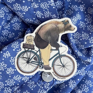 Bean Trader Biking Grizzly Bear - Hand Drawn Sticker
